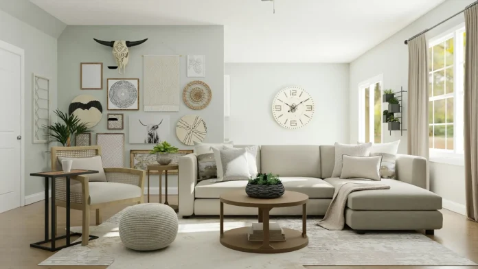 Modern living room with a neutral-toned sectional sofa, armchair, and coffee table, demonstrating scale and style when learning how to choose furniture for your home.