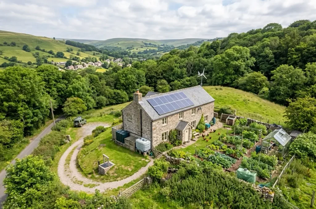 Aerial view of a sustainable cottage showing how to live off-grid in the UK countryside