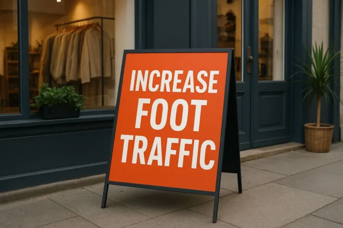 Eye-Catching Signage. A bright orange sidewalk A-frame sign placed outside a modern boutique store, used to attract customers and increase foot traffic.