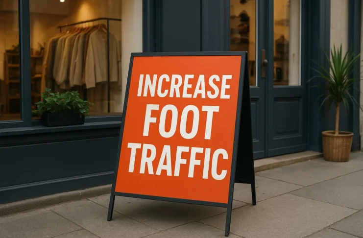 Eye-Catching Signage. A bright orange sidewalk A-frame sign placed outside a modern boutique store, used to attract customers and increase foot traffic.