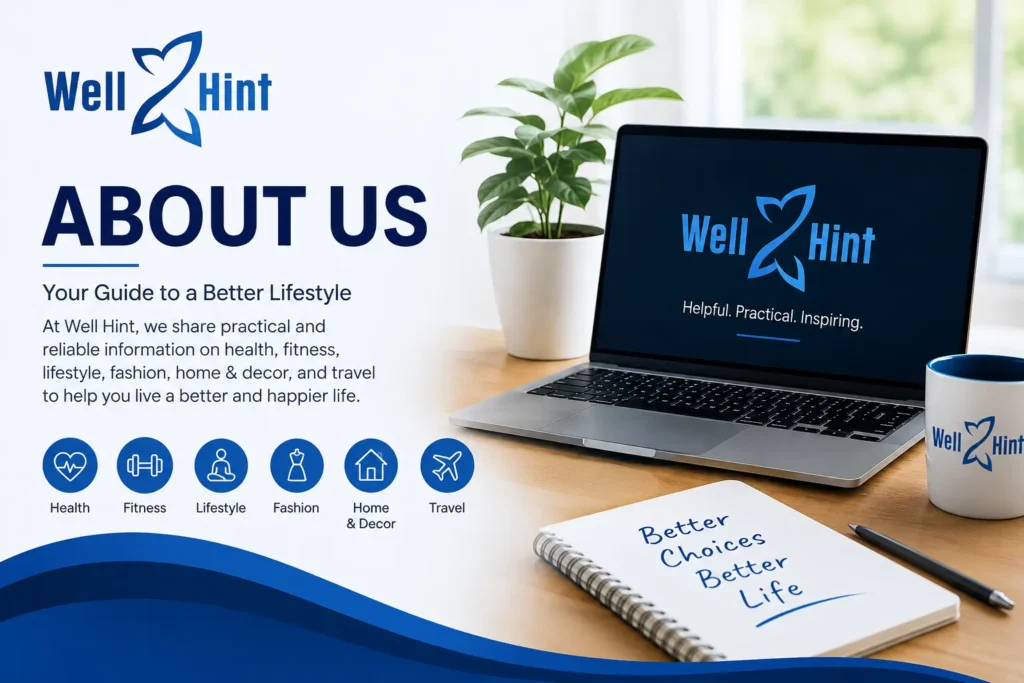WellHint About Us banner showing a laptop, notebook with 'Better Choices Better Life', and lifestyle category icons.